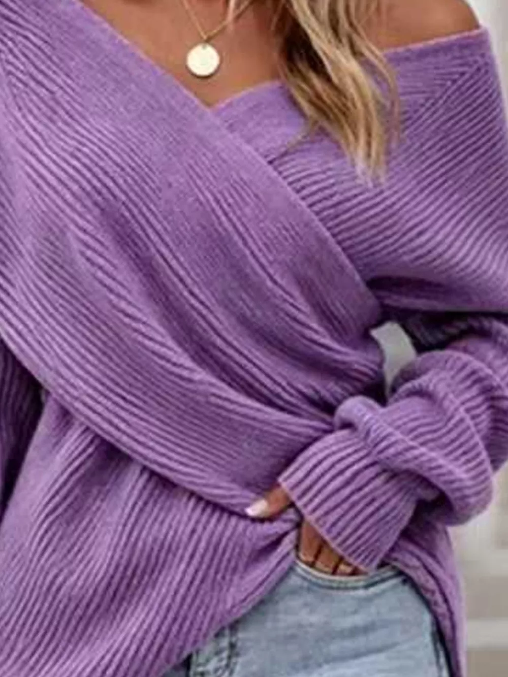 Crisscross Ribbed Knit Long Sleeve Sweater, image 2