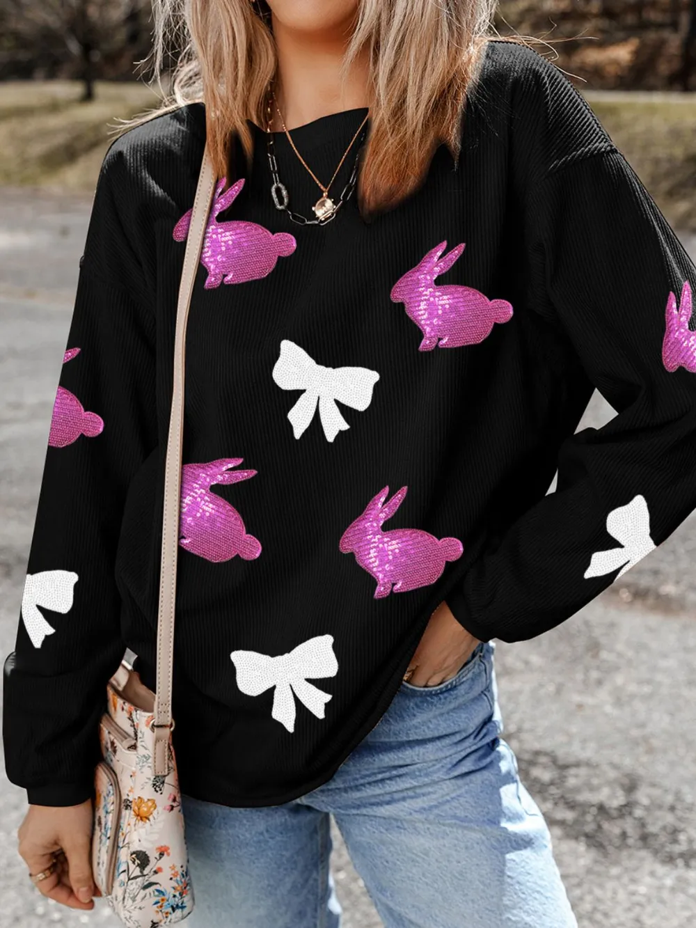 Sequin Bunny Bow Easter Corded Rib Sweatshirt, image 3
