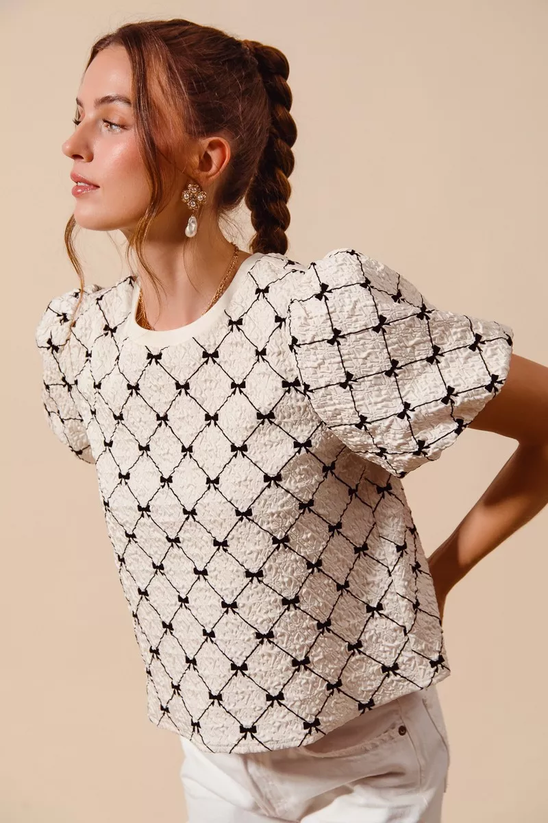 Bow Texture Woven Bubble Sleeve Top, image 5