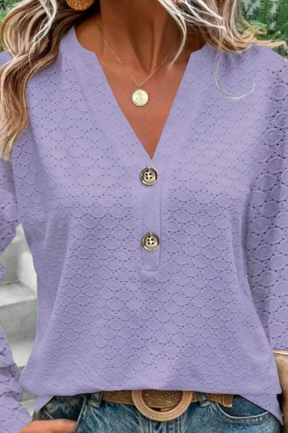 Eyelet Notched Long Sleeve T-Shirt, image 4