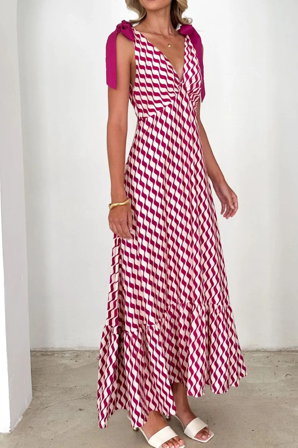 Printed V-Neck Tie Shoulder Midi Cami Dress, image 5