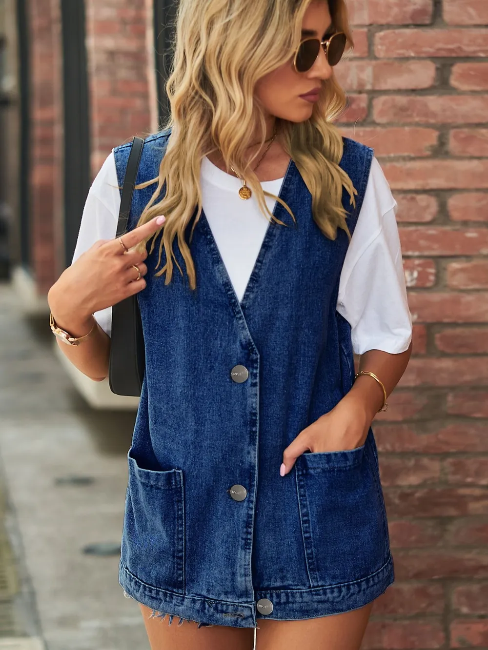 Full Size V-Neck Button Up Denim Vest, image 3