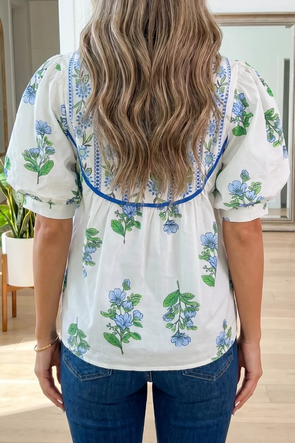 Floral Print Contrast Trim Tie Neck Blouse, image 3