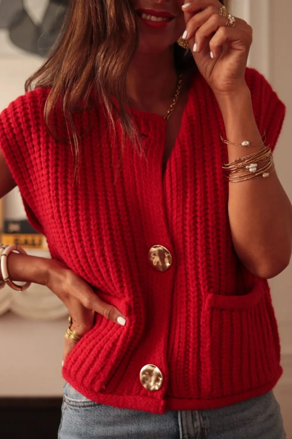 Button Down Sweater Vest with Pockets, image 4