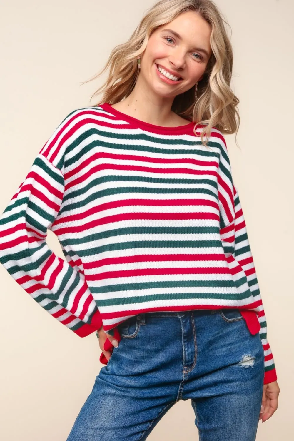 Full Size Striped Contrast Side Slit Knit Top, image 3