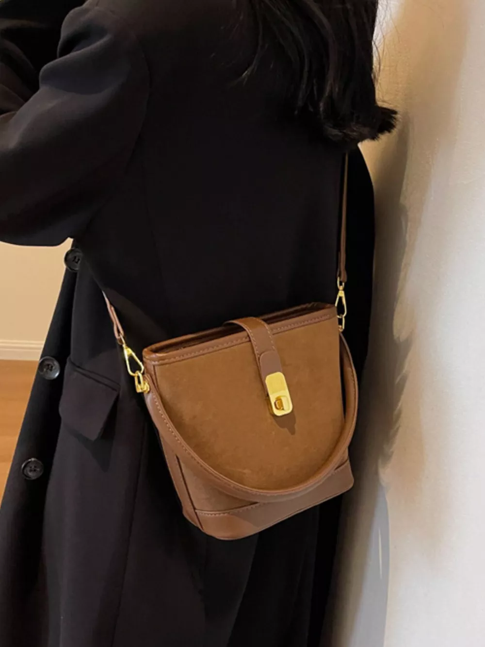 Gold Clasp Bucket Crossbody Bag, image 4