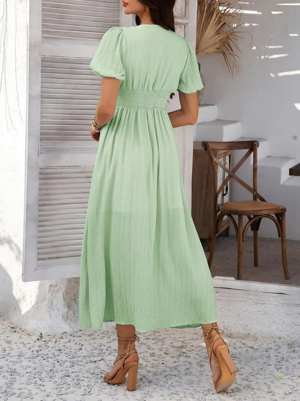 V-Neck Puff Short Sleeve Midi Dress, image 5