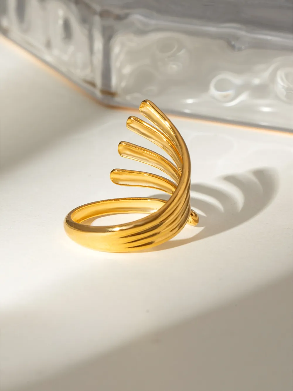 18K Gold-Plated Stainless Steel Irregular Lines Open Ring, image 4