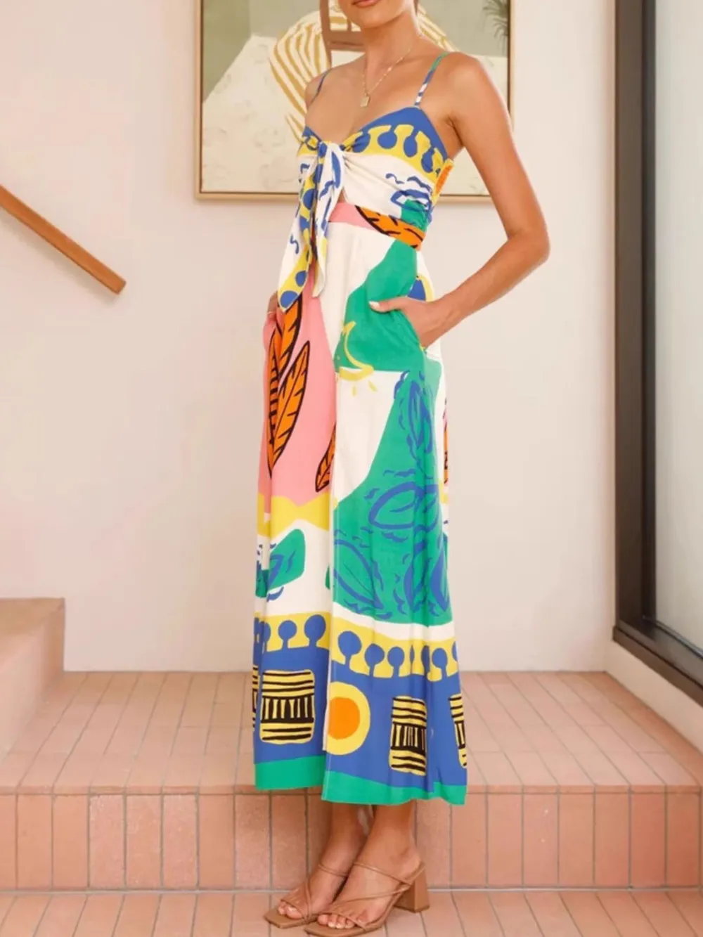 Tied Front Printed Slit Maxi Cami Dress, image 3