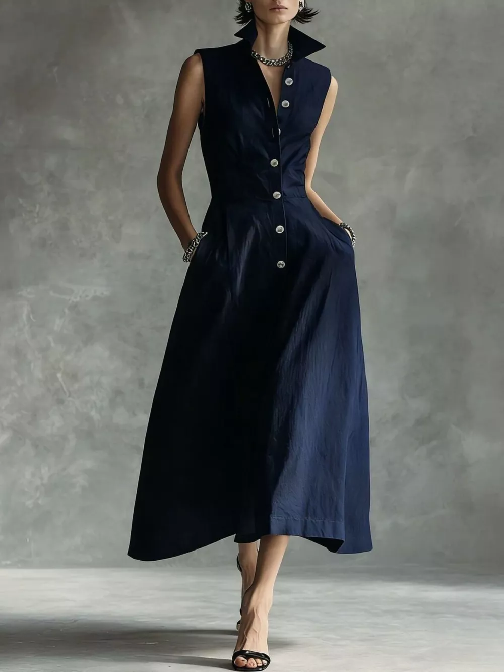 Sleeveless Button-Down Midi Shirt Dress, image 9