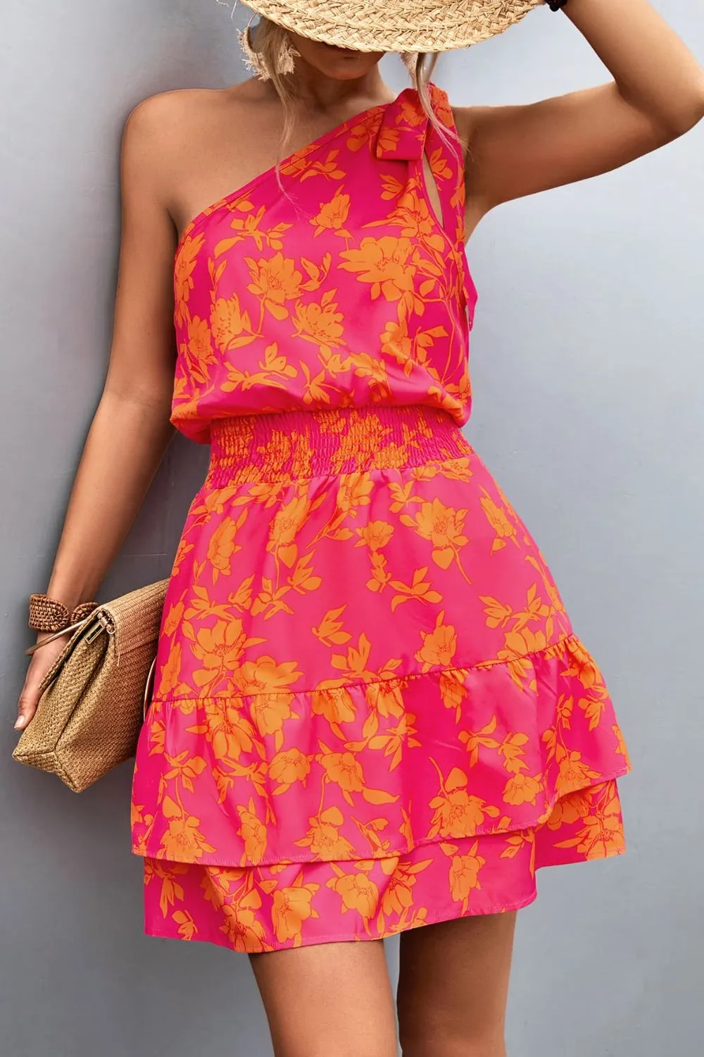 Tied Smocked Printed Single Shoulder Dress, image 3