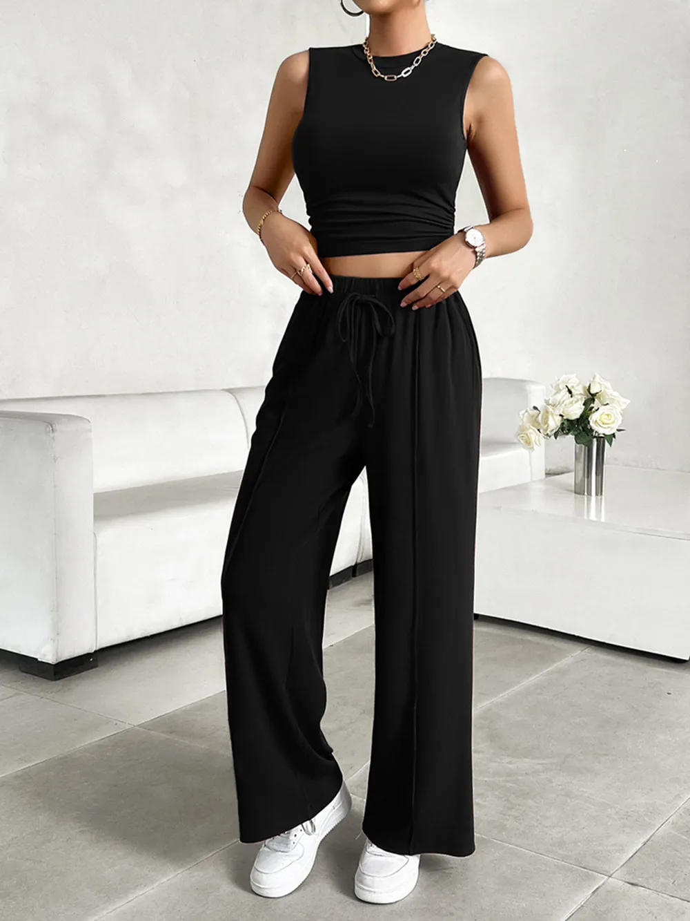 Mock Neck Sleeveless Top and Drawstring Pants Set, image 13