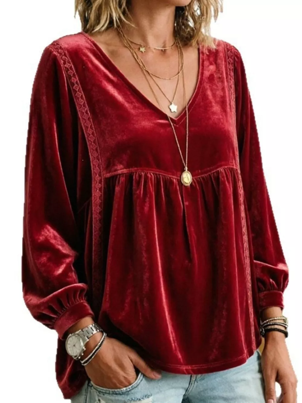 Full Size V-Neck Long Sleeve Velvet Blouse with Lace Trim Plus Size, image 22