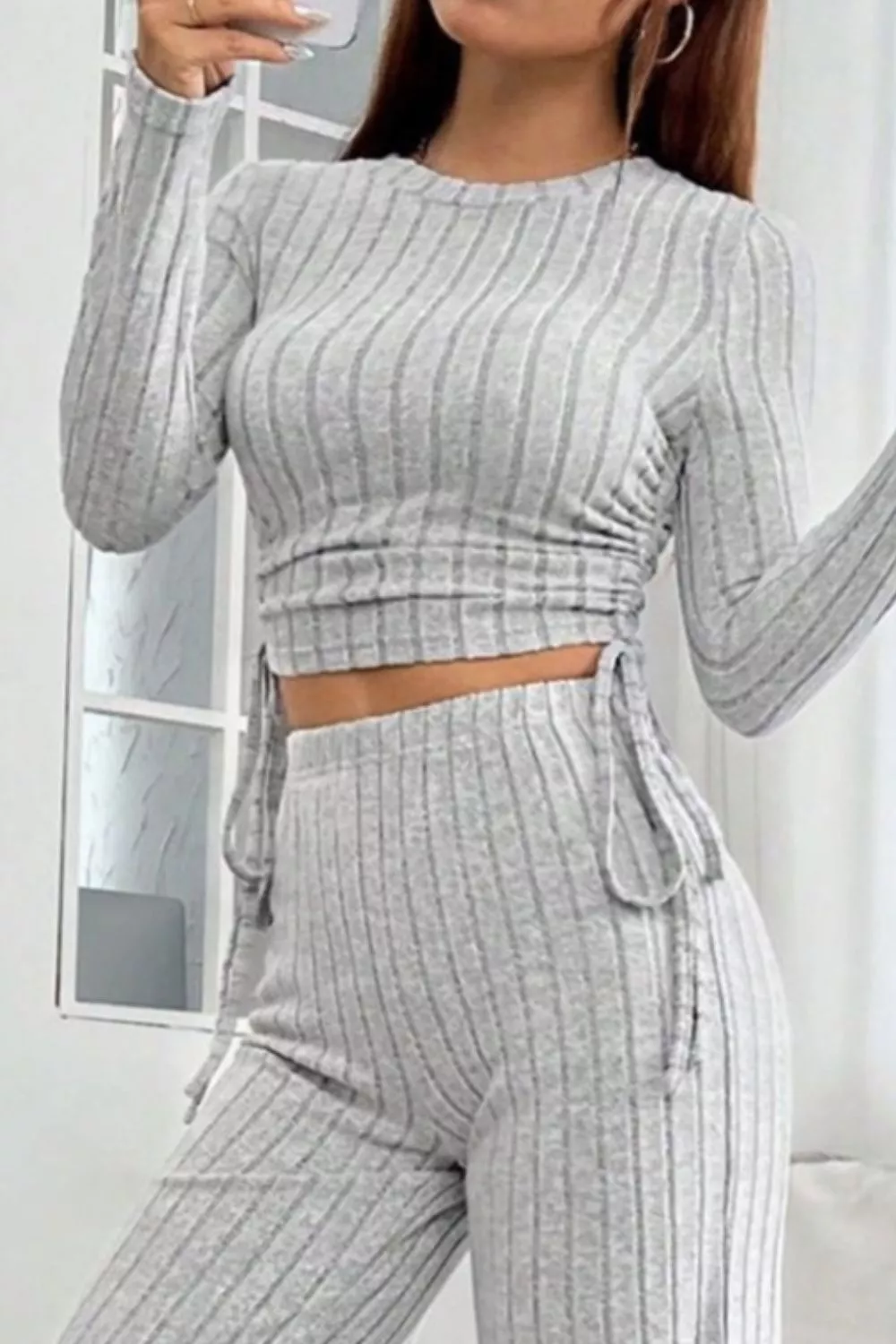 Ribbed Knit Long Sleeve Top & Wide Leg Pants Set, image 3