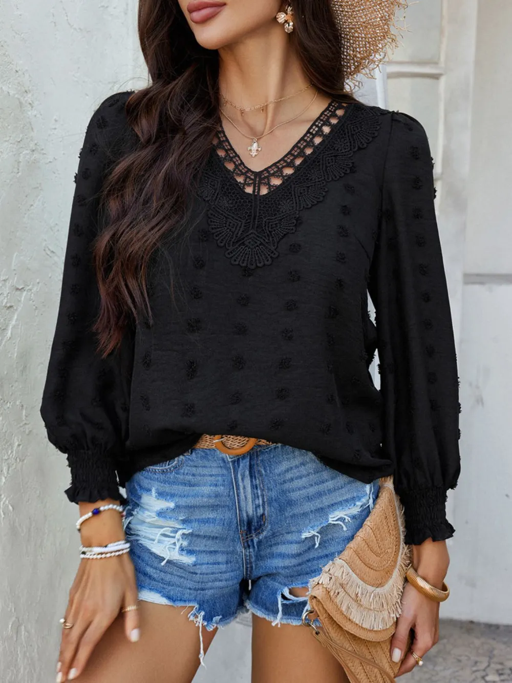 Swiss Dot Lace Detail V-Neck Long Sleeve Blouse, image 21