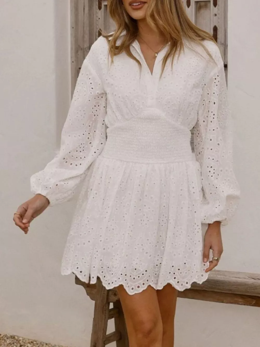 Eyelet Balloon Sleeve Mini Dress, image 2