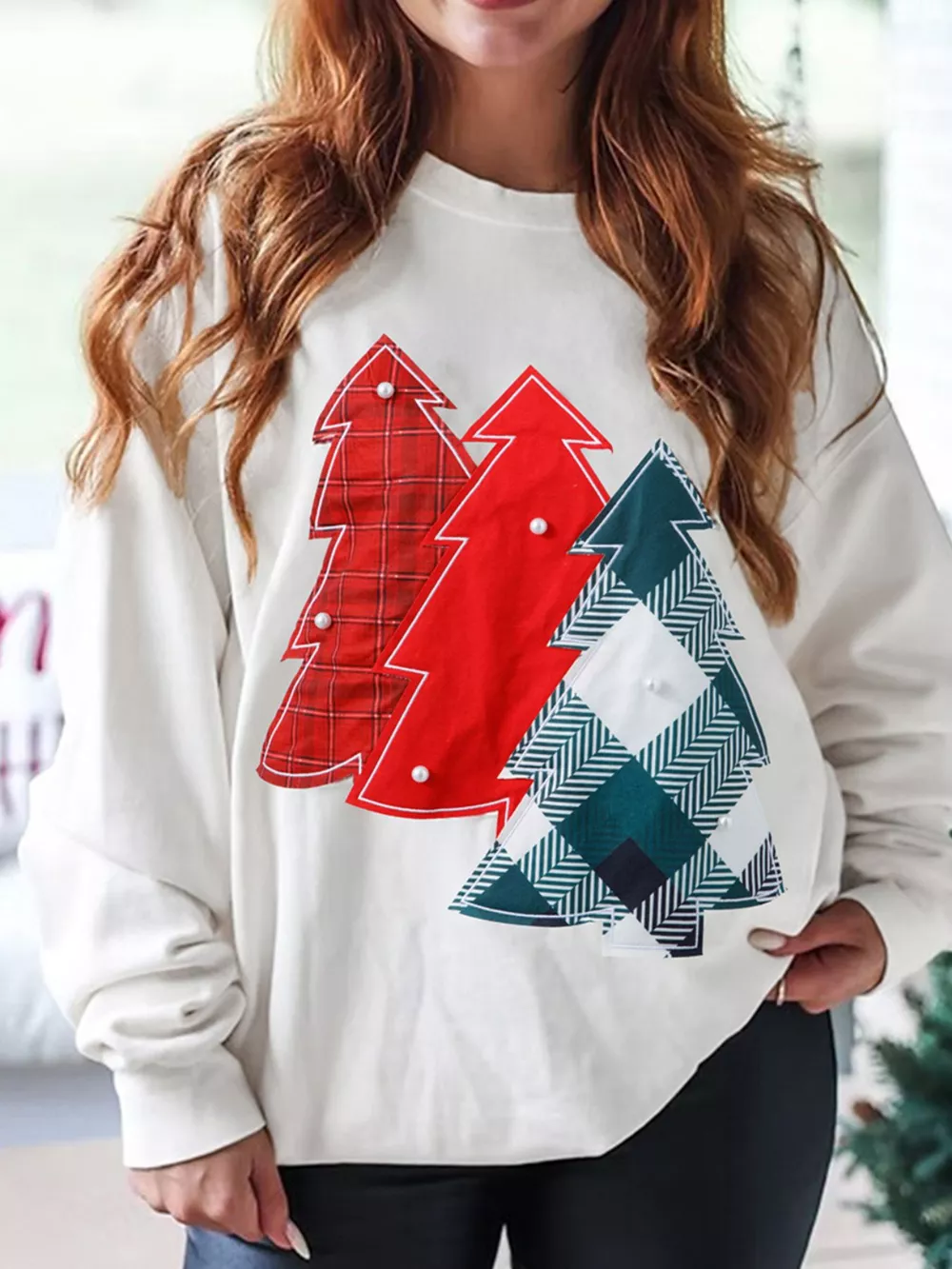 Pearl Plaid Christmas Tree Patched Drop Shoulder Sweatshirt, image 3