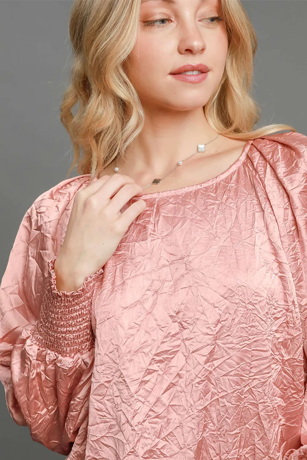 Wrinkled Round Neck Lantern Sleeve Blouse, image 6