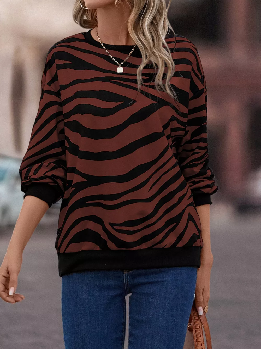 Zebra Print Round Neck Casual Sweatshirt, image 5