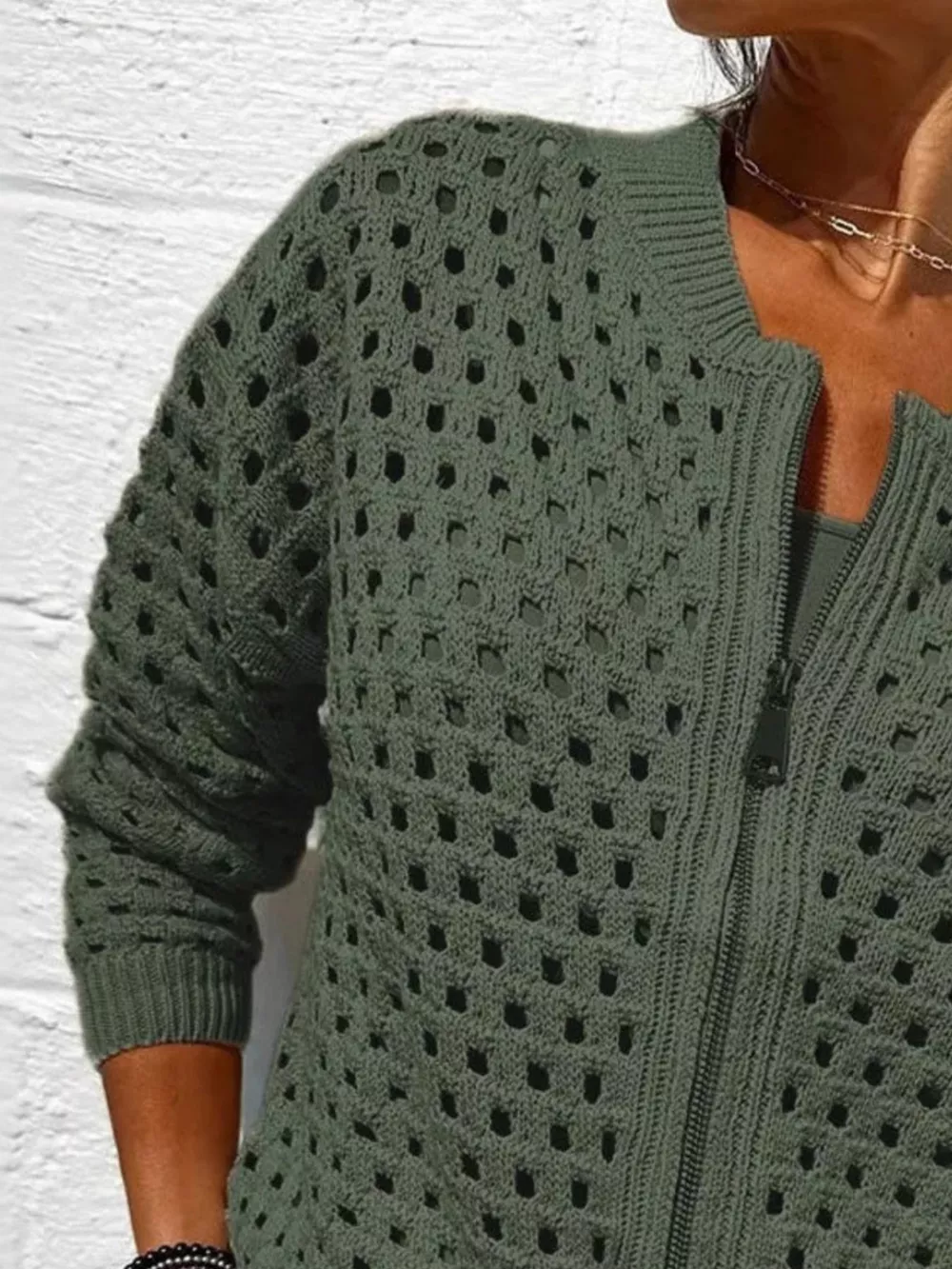 Full Size Zip Up Long Sleeve Cardigan with Eyelet Detail Plus Size, image 7