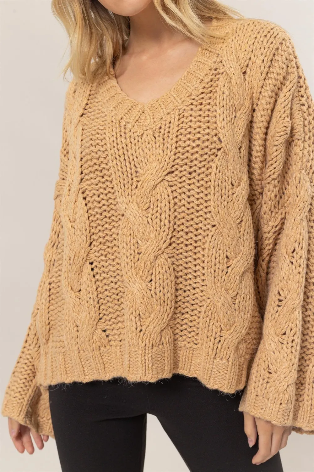 Cable Knit V-Neck Sweater, image 3