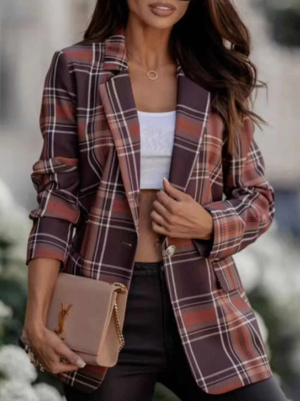 Plaid Lapel Collar Blazer, image 5