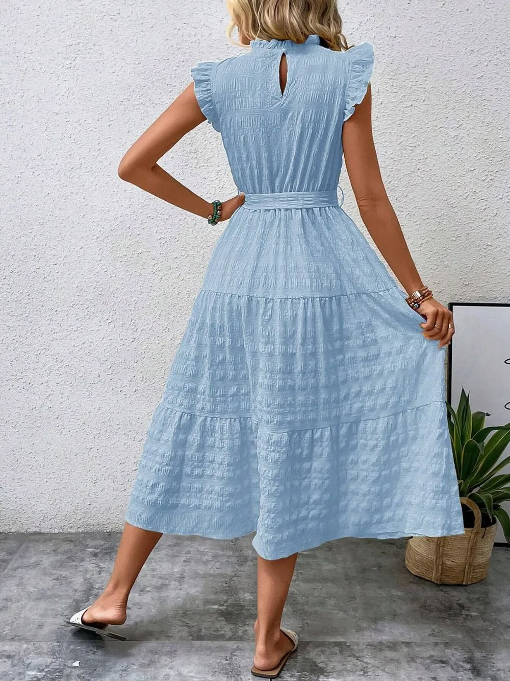 Tied Ruffled Cap Sleeve Midi Dress, image 5