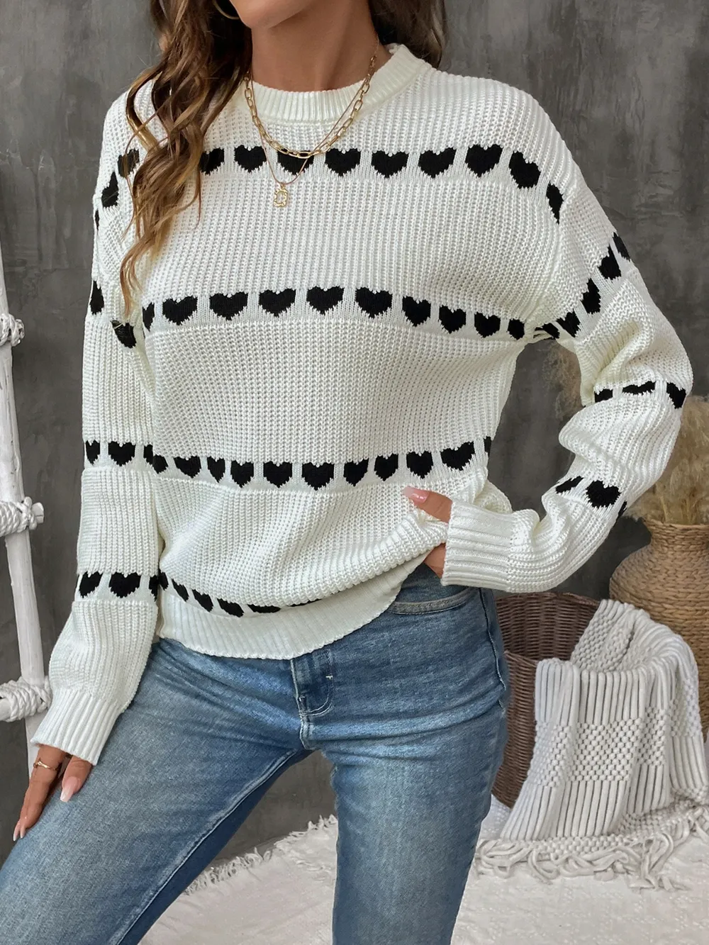 Heart Round Neck Long Sleeve Sweater, image 2
