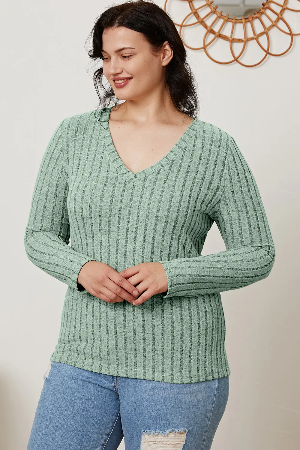 Full Size Ribbed V-Neck Long Sleeve T-Shirt, image 7