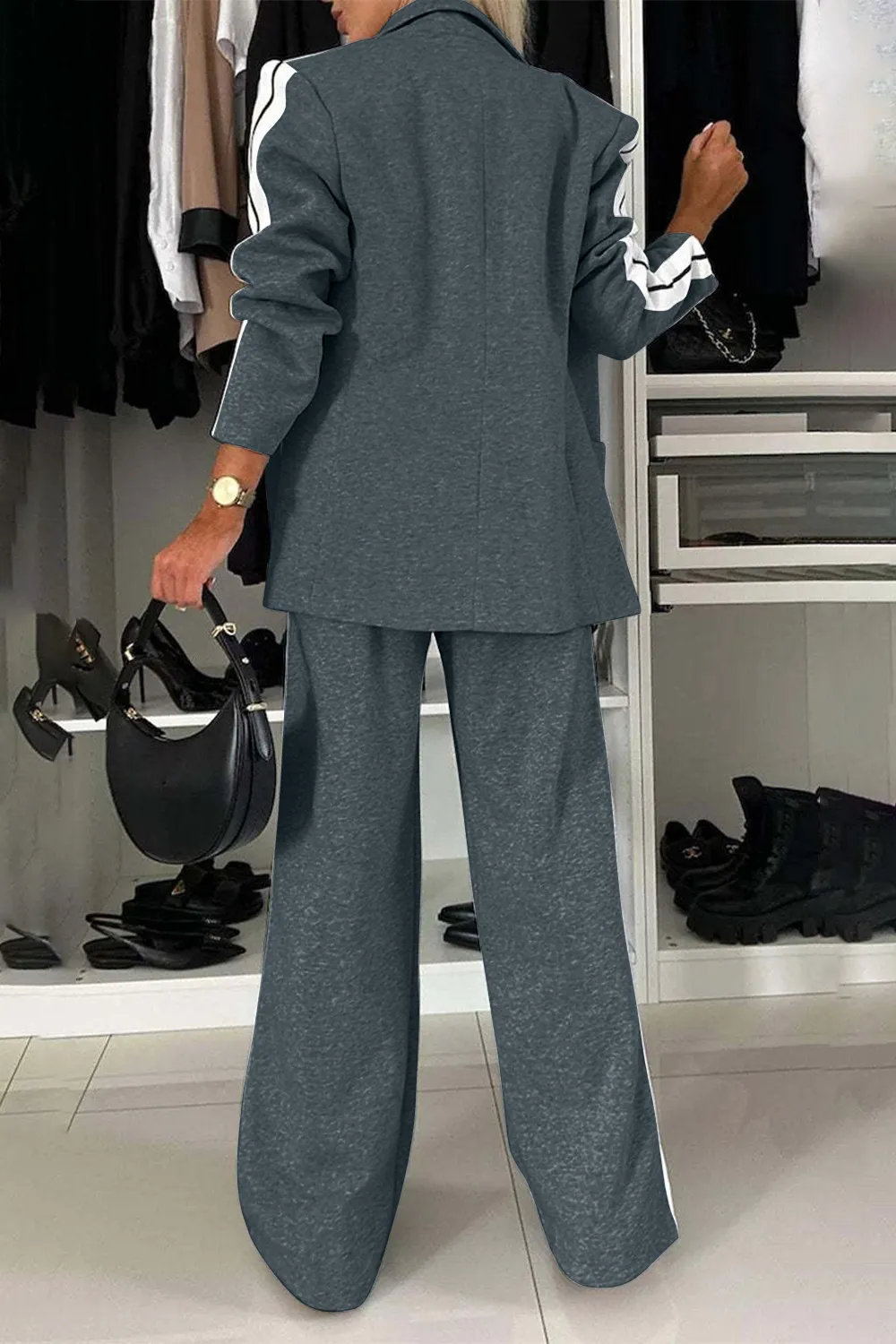 Full Size Contrast Lapel Collar Top and Pants Set, image 7