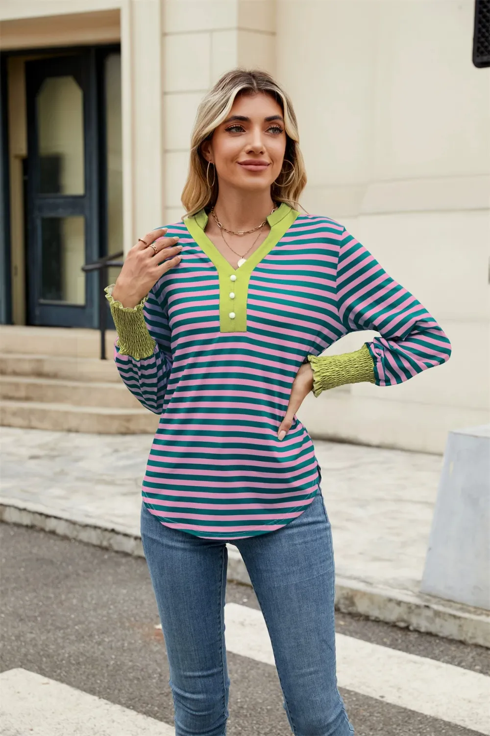 Contrast Striped Notched Long Sleeve Top, image 23