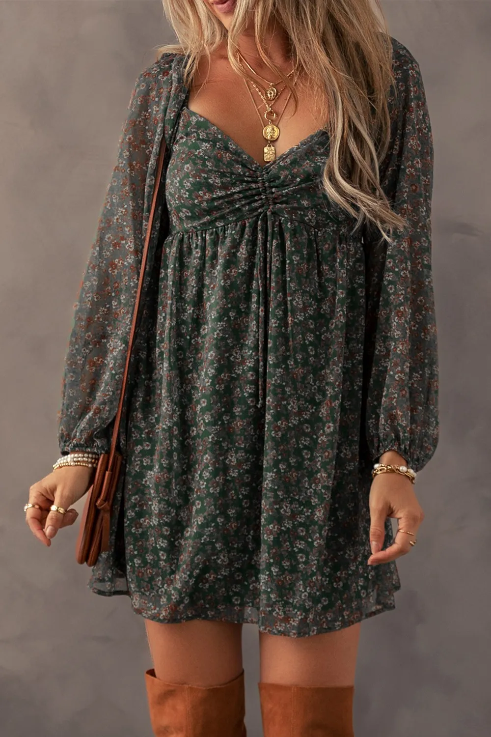 Ruched Printed Long Sleeve Mini Dress, image 2