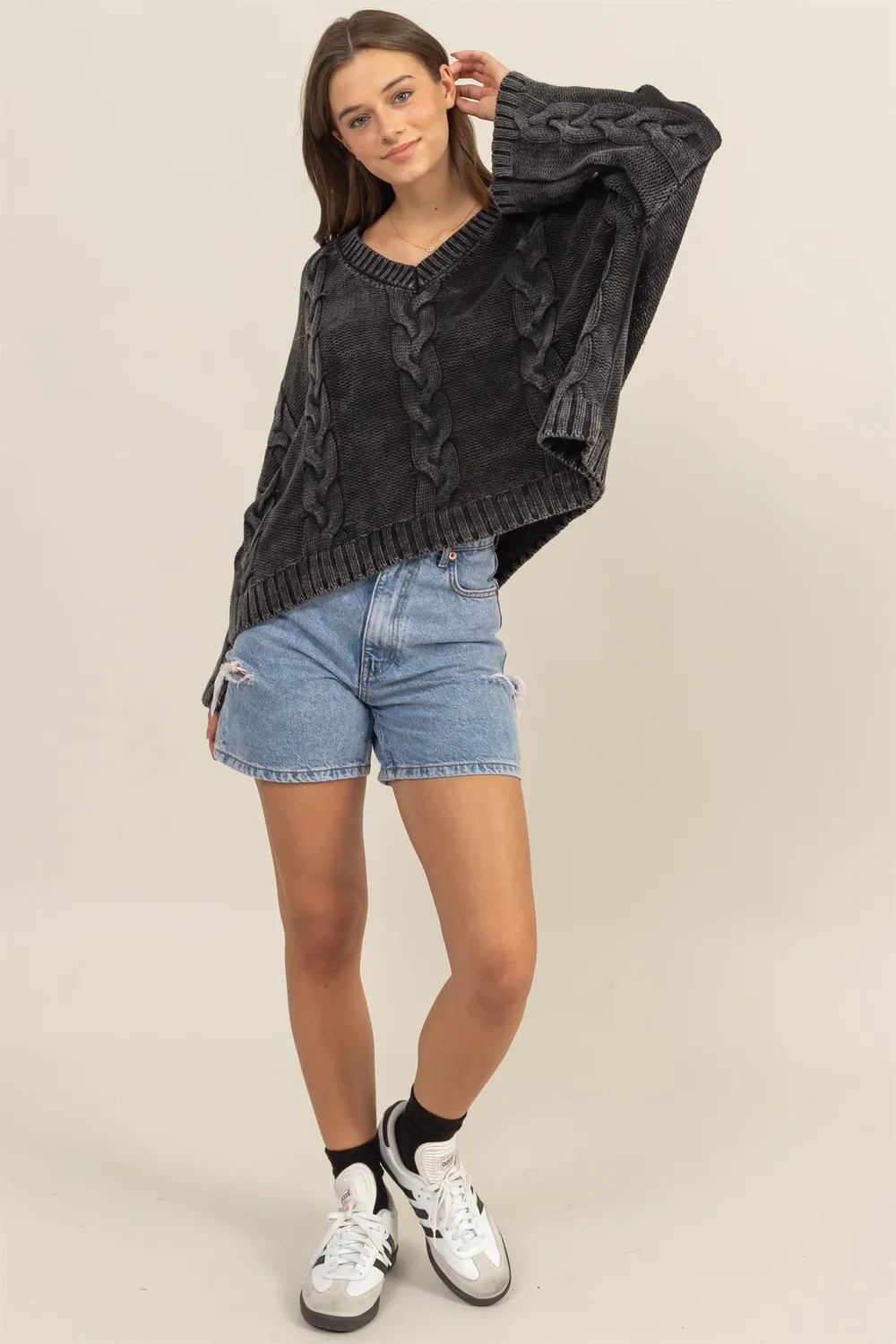 Cable Knit V-Neck Dropped Shoulder Oversized Sweater, image 2