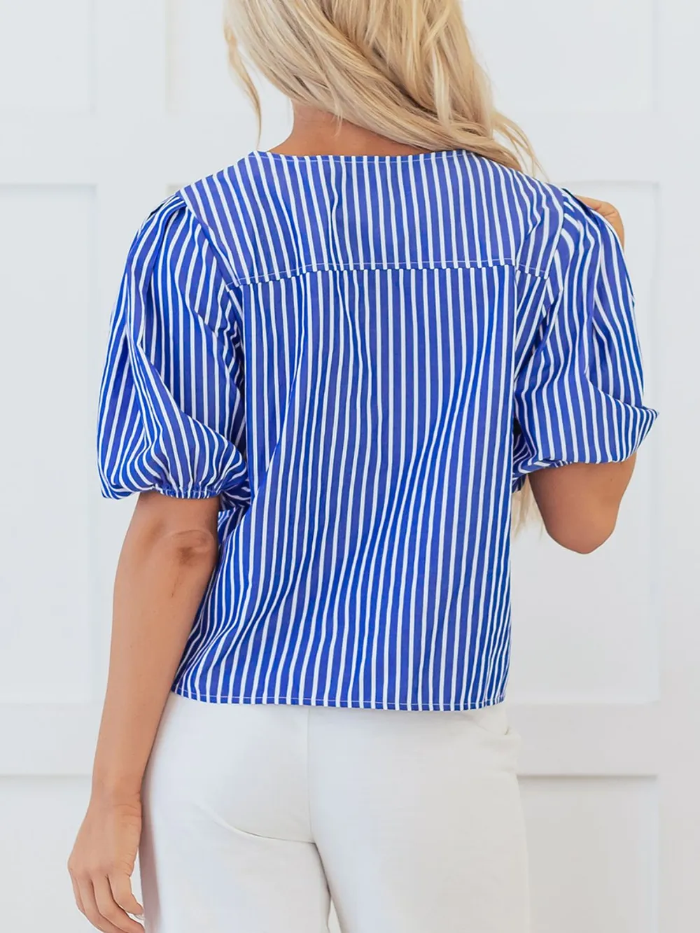 Stripe Tied Front Puff Short Sleeve Top, image 3