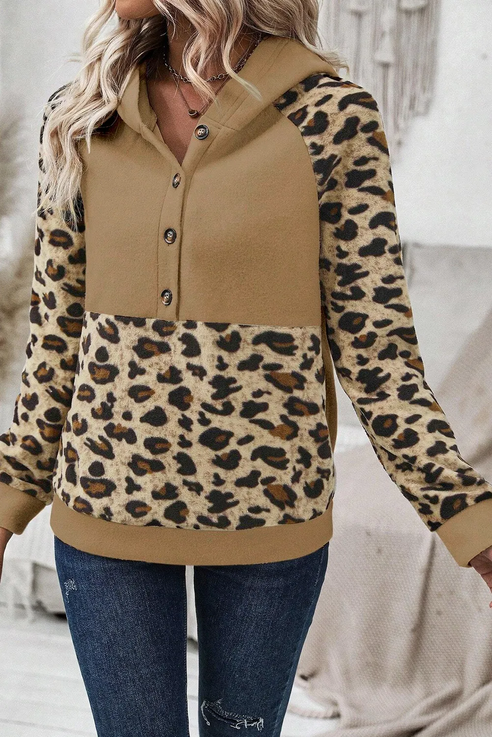 Leopard Half Button Long Sleeve Hoodie, image 2