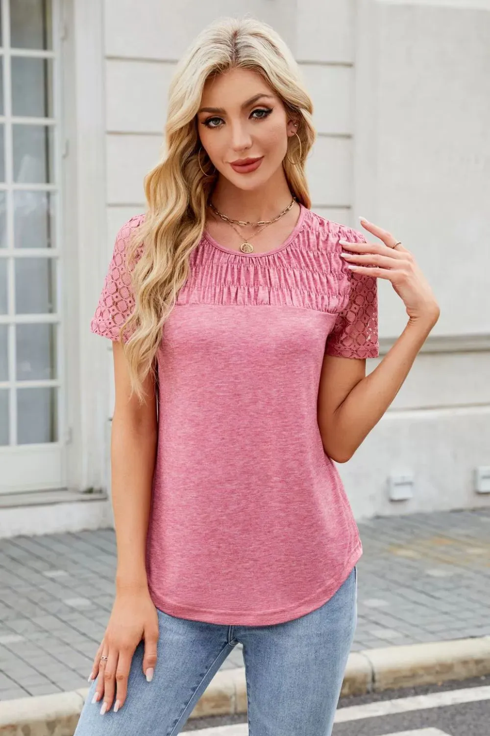 Smocked Round Neck Short Sleeve T-Shirt, image 2
