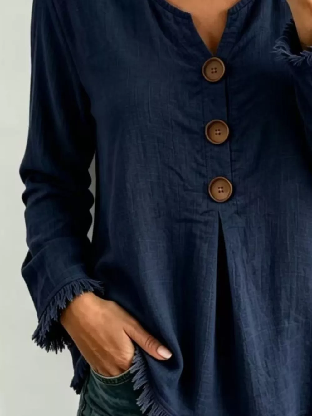 Full Size Frayed Hem Long Sleeve Blouse Plus Size, image 8