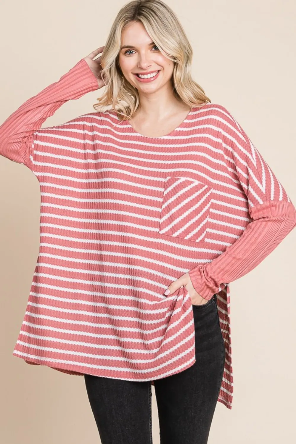 Oversize Striped Round Neck Long Sleeve Slit T-Shirt, image 3