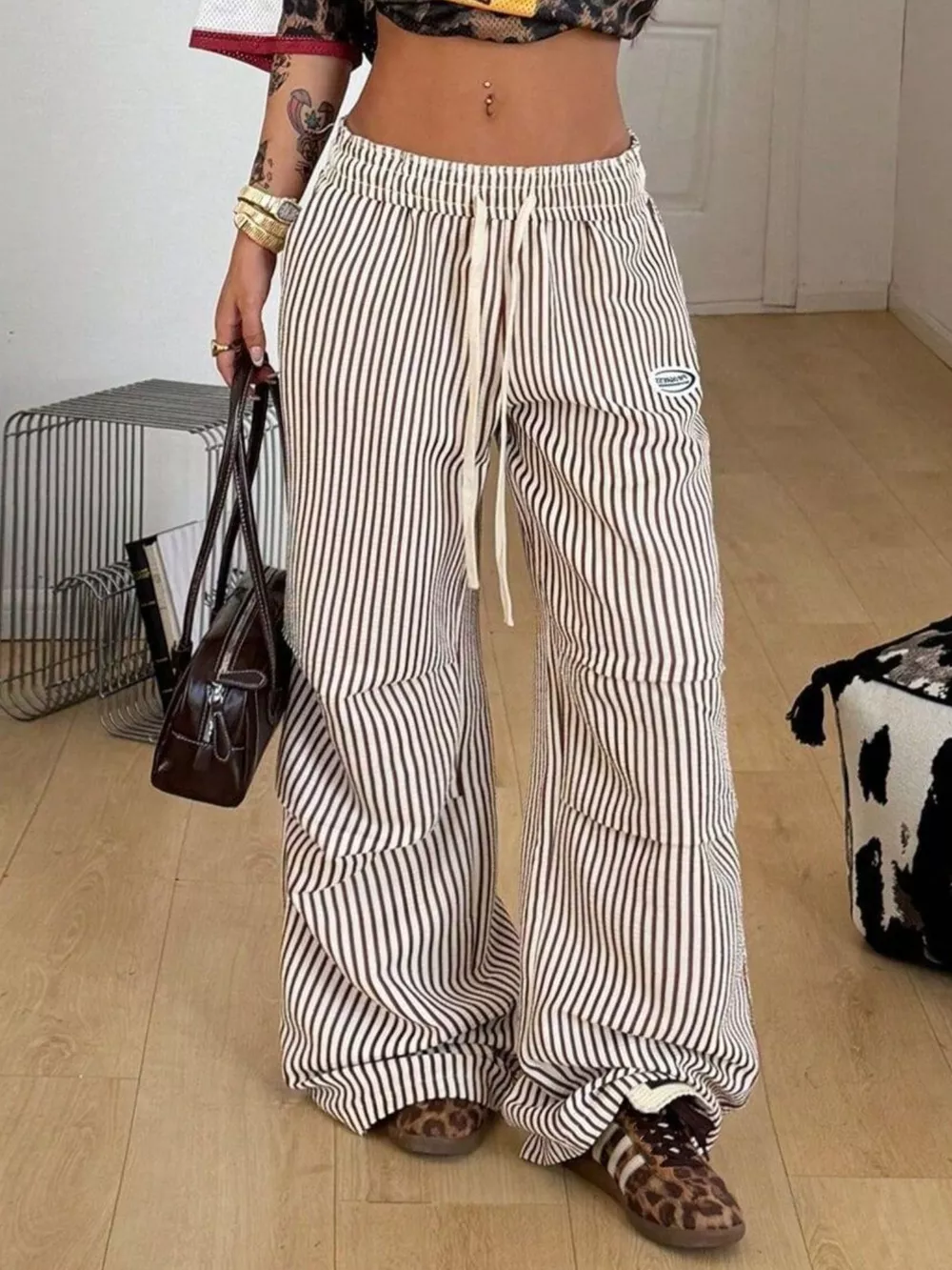 High-Waisted Striped Wide-Leg Cargo Pants with Drawstring, image 6