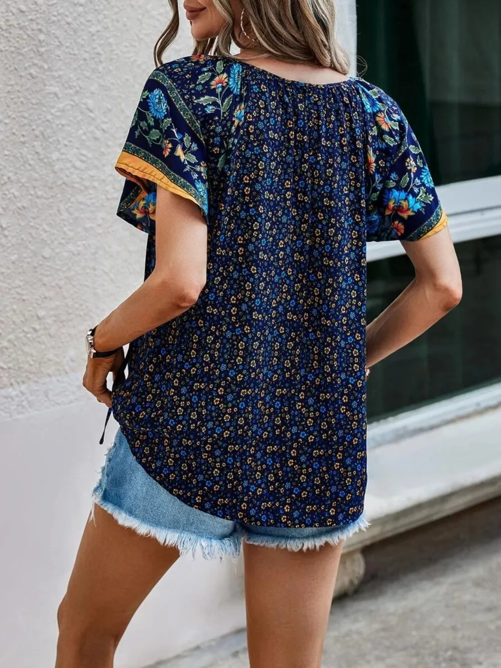 Printed Tie Neck Short Sleeve Blouse, image 6