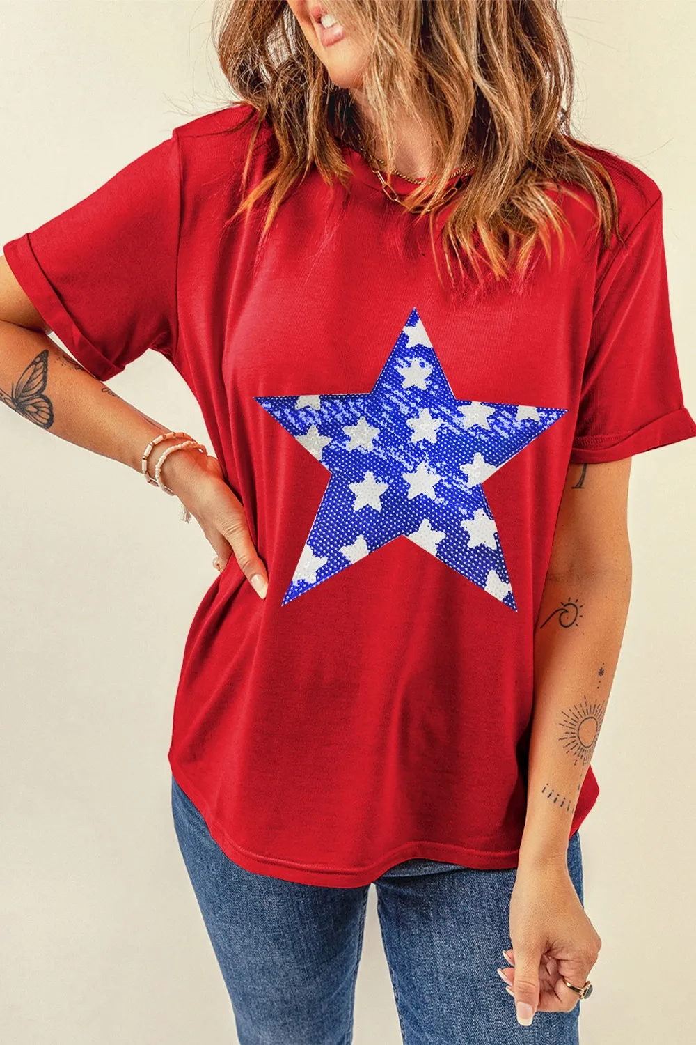 Sequin Star Round Neck Short Sleeve T-Shirt, image 2