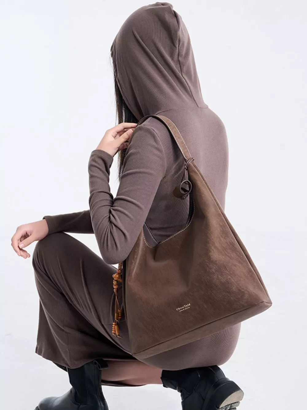 Suede Hobo Shoulder Bag with Decorative Tassel, image 3