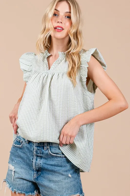 Ces Femme Plaid Notched Ruffled Cap Sleeve Blouse, image 3