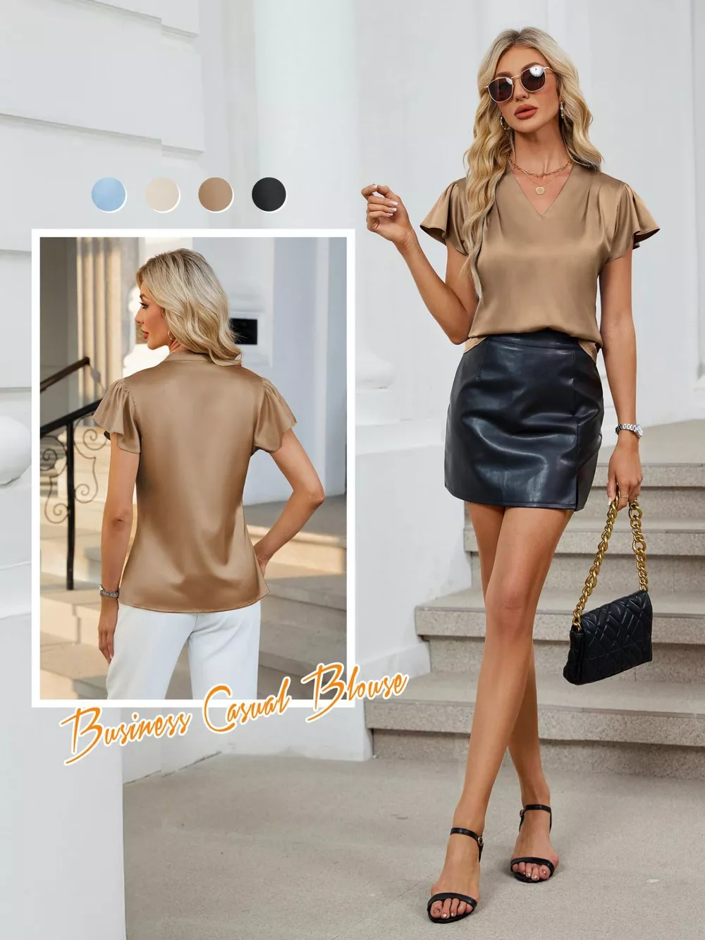 Satin V-Neck Flutter Sleeve Blouse, image 22