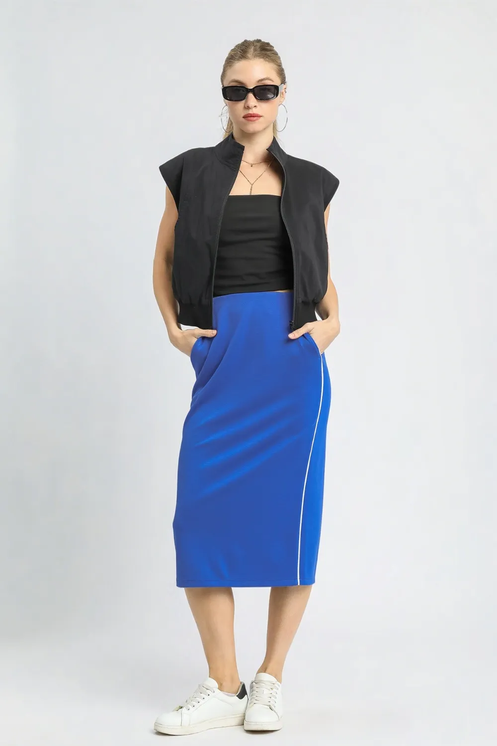 Midi Pencil Skirt with Contrast Piping Detail, image 5