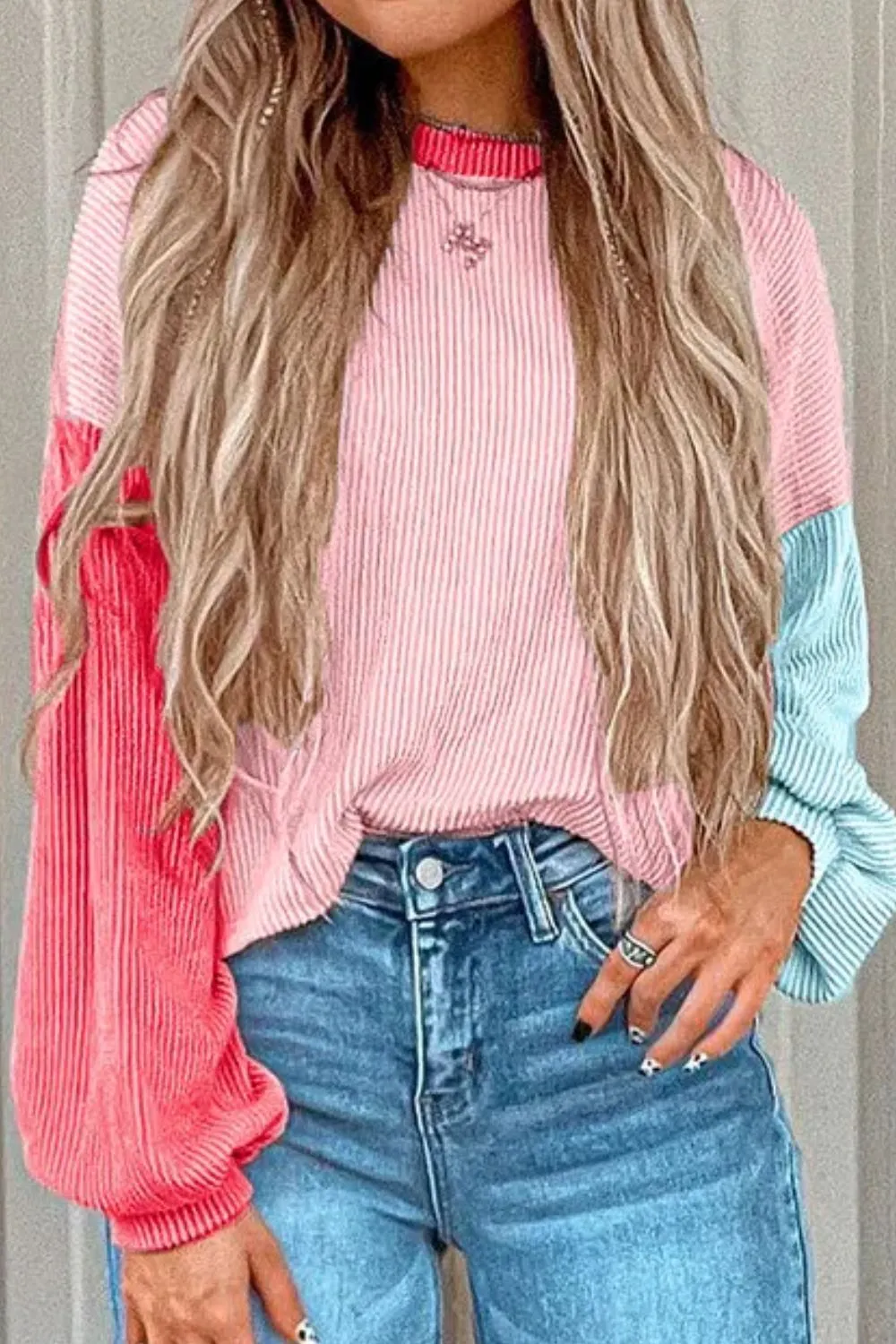 Color Block Round Neck Long Sleeve Top, image 3