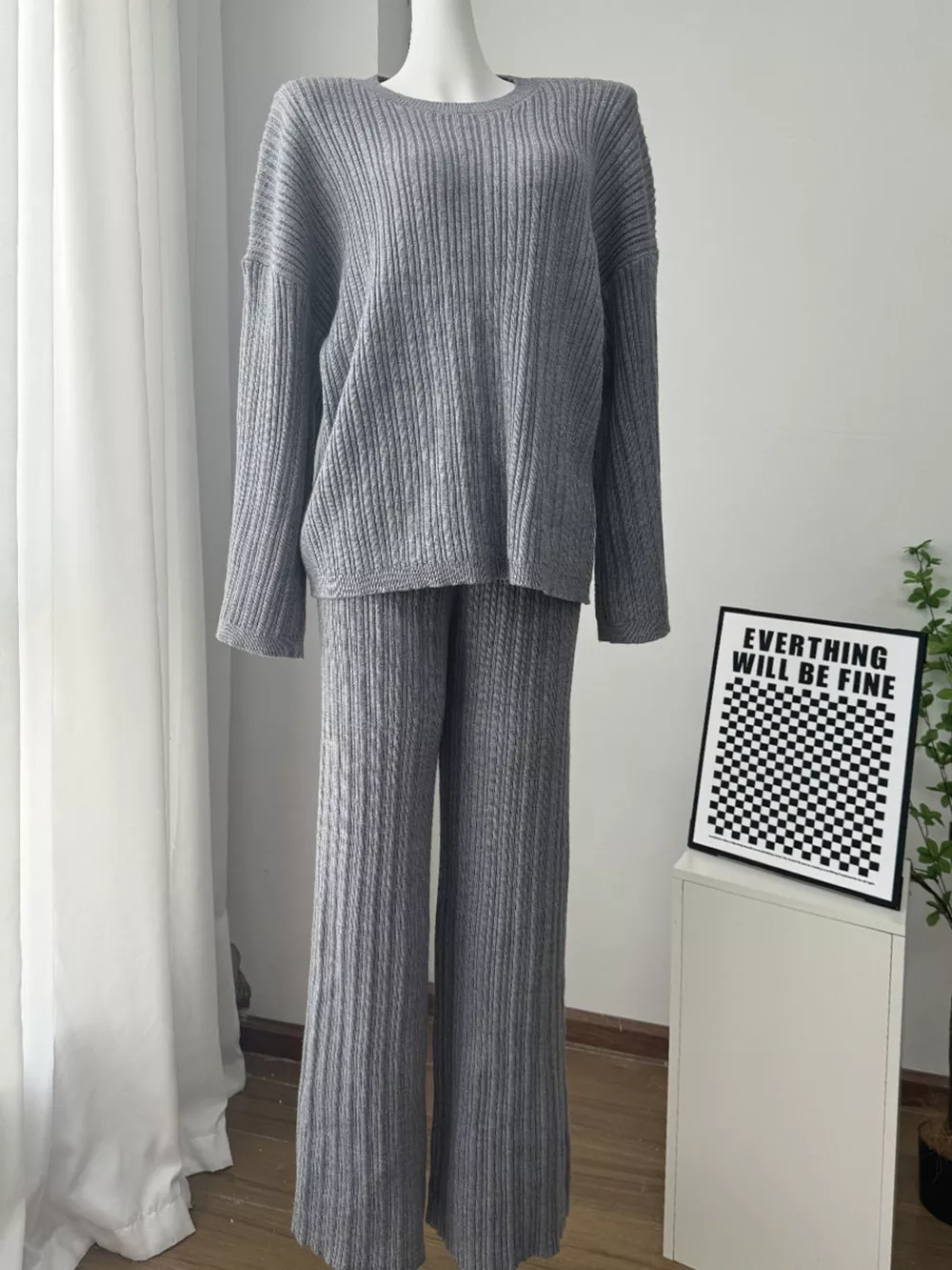 3-Piece Crew Neck Ribbed Sweater and Wide-Leg Pants Set with Scarf, image 16