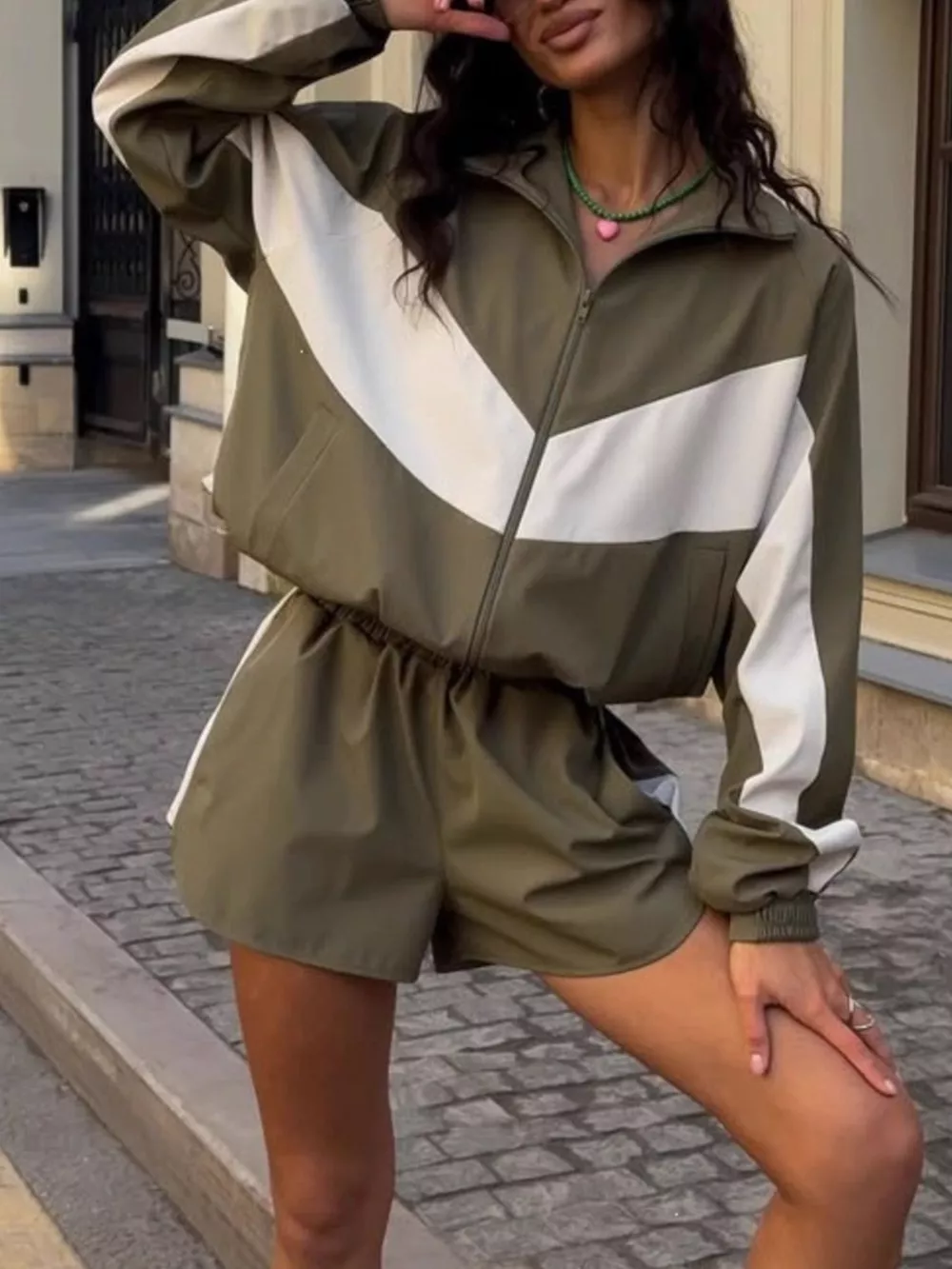 Color-Block Zip-Up Jacket and Shorts Set, image 11
