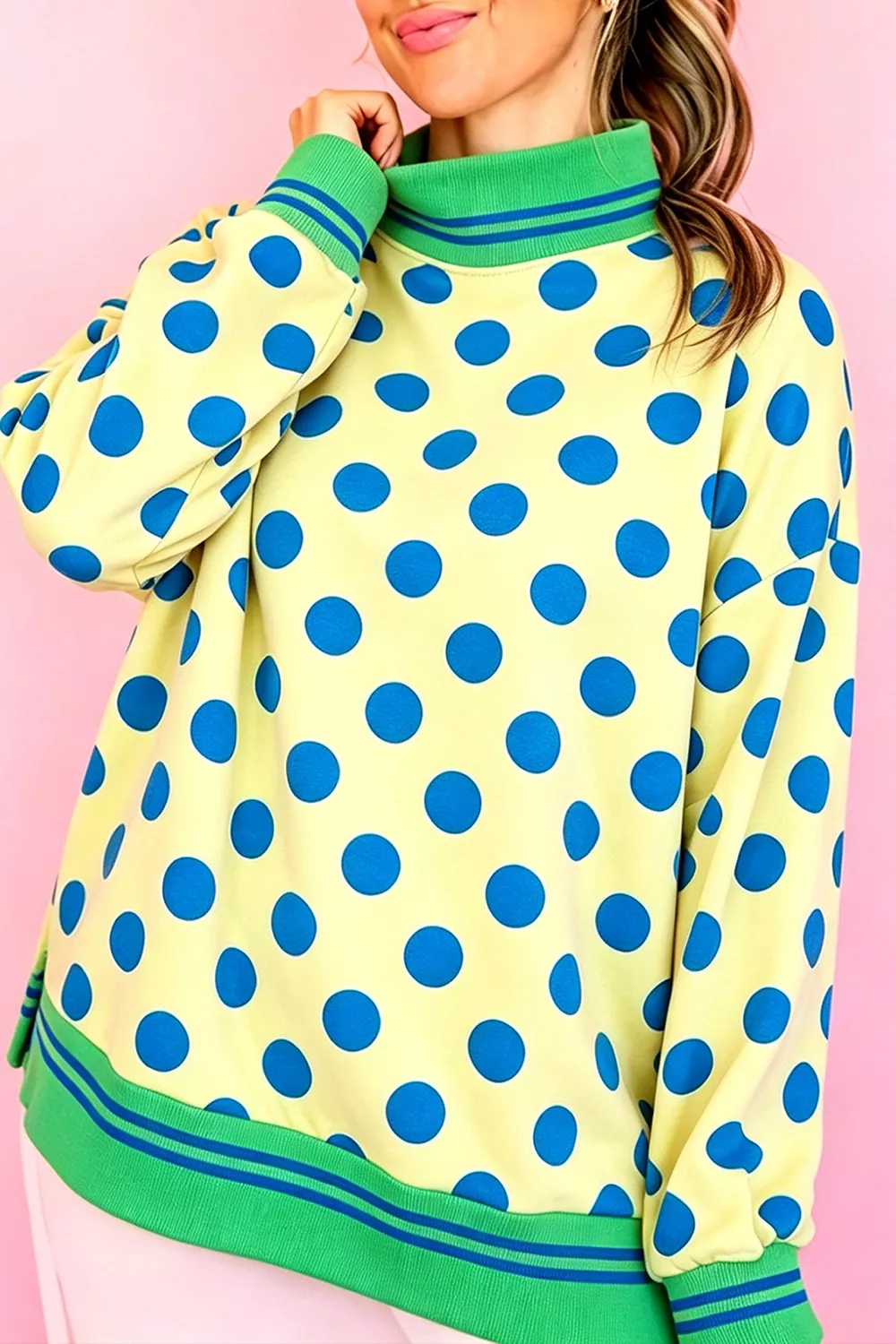 Polka Dot Mock Neck Sweatshirt with Striped Ribbed Trim