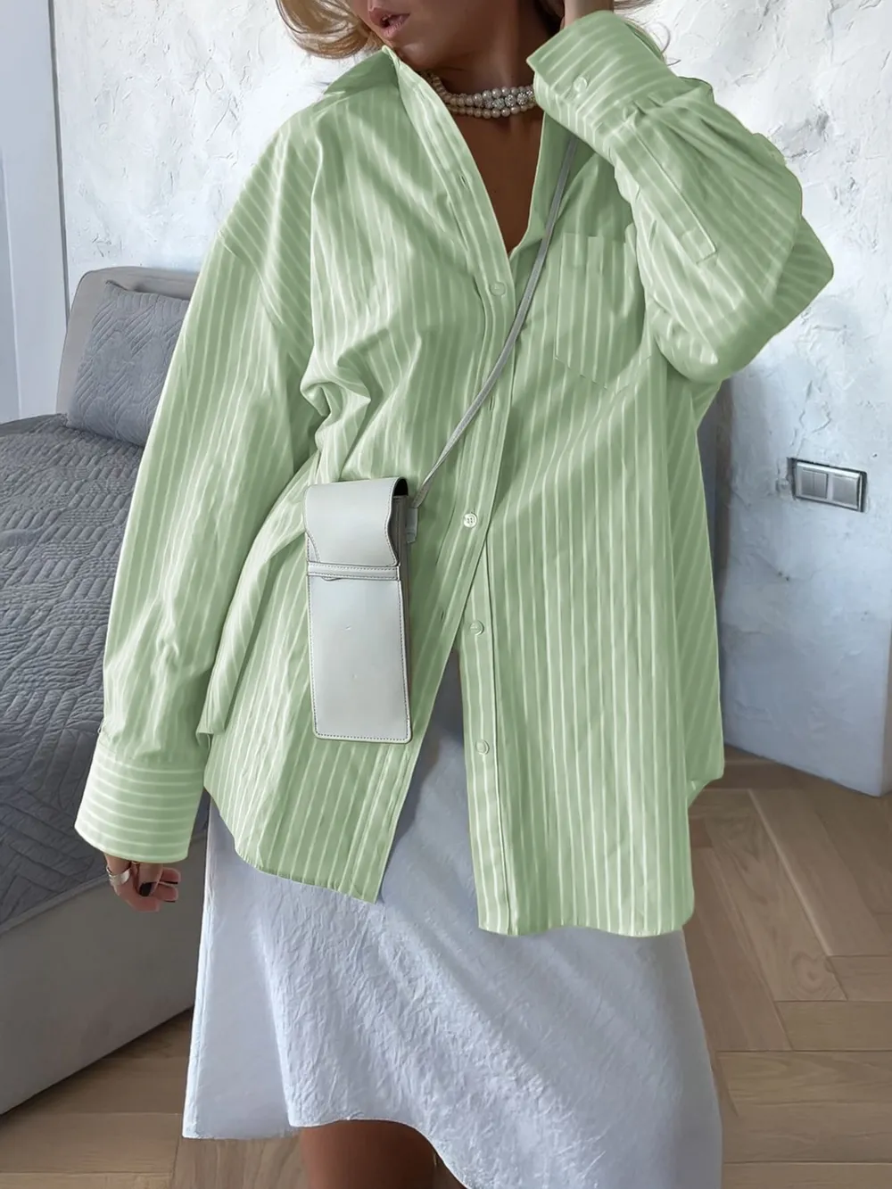 Oversized Striped Button-Down Shirt, image 7